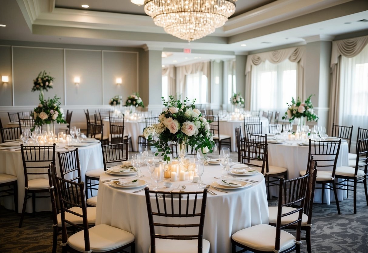 A wedding venue with tables and chairs set for a moderate number of guests, adorned with floral centerpieces and elegant decor