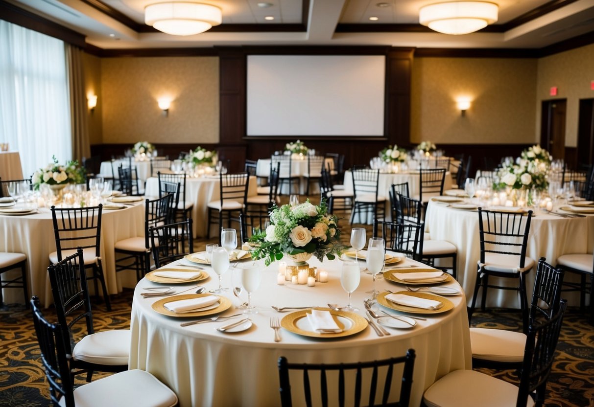 A banquet hall set for a wedding reception, with elegantly arranged tables, floral centerpieces, and place settings for a moderate number of guests