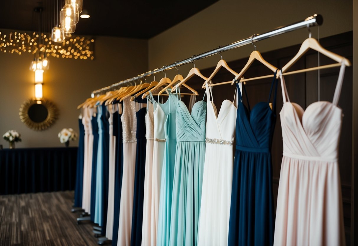 A row of elegant dresses hanging on a rack in a dimly lit reception area