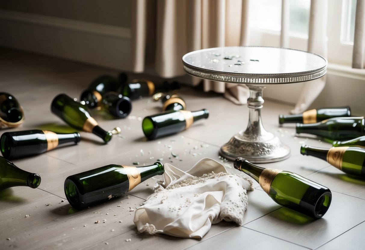 Empty champagne bottles scattered on the floor, a torn wedding dress, and a broken cake stand