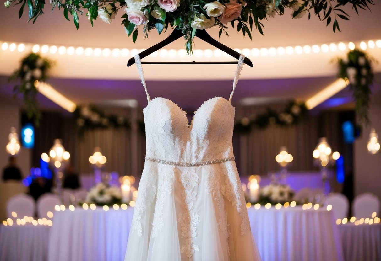 A bride's elegant wedding dress hangs on a hanger, surrounded by twinkling lights and floral decorations at the reception venue