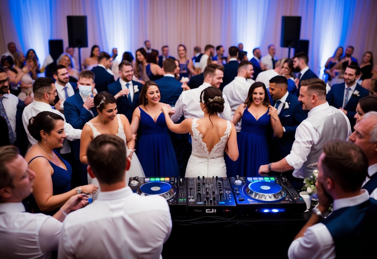 A crowded wedding reception with a DJ playing music. Couples dancing, while some guests look displeased and cover their ears