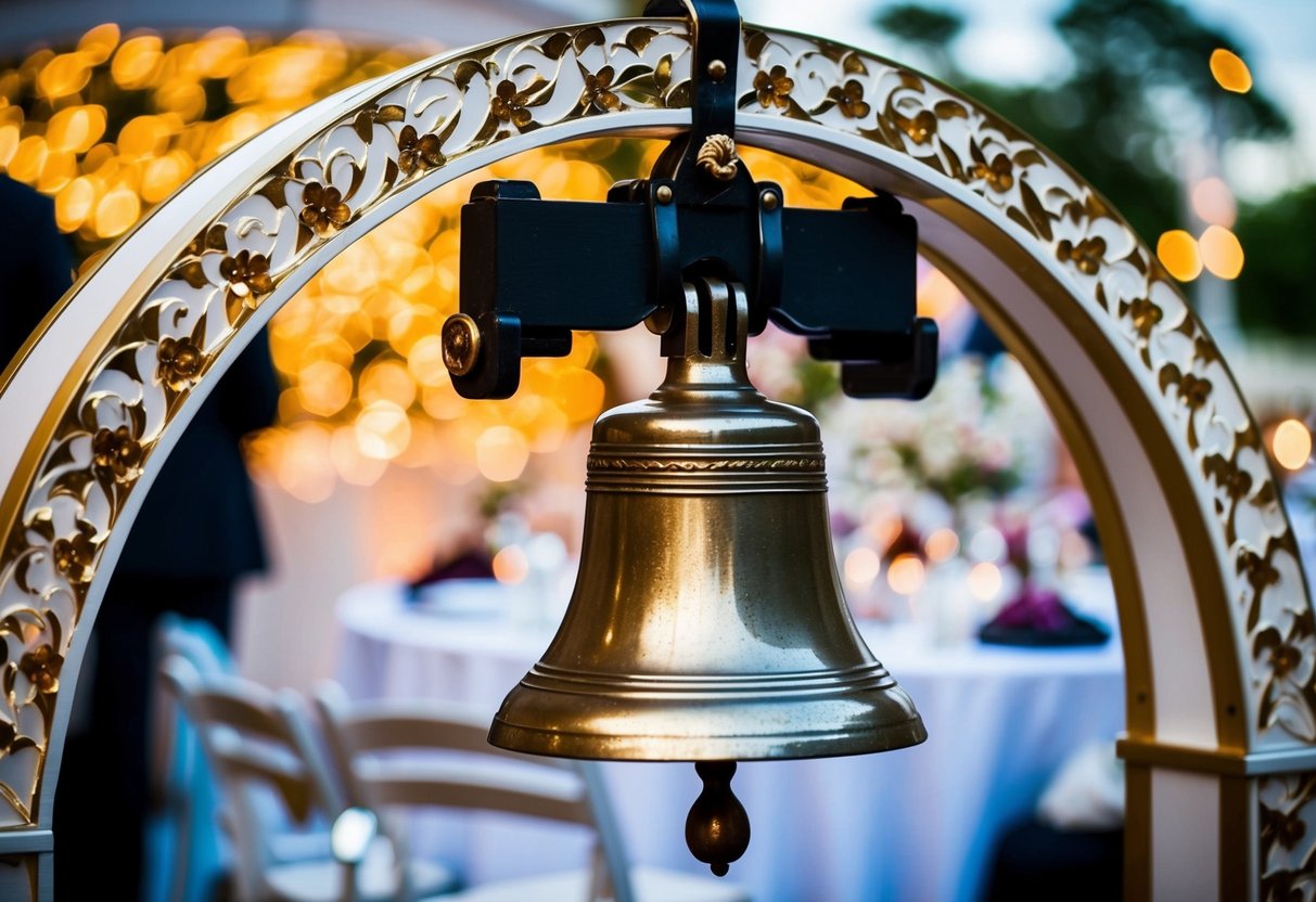A bell hanging from a decorative arch is rung to announce dinner at a wedding