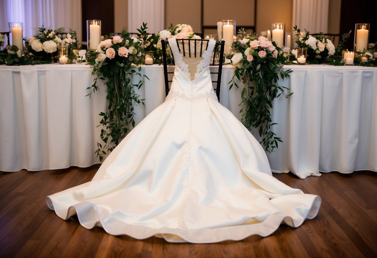 A bride's wedding dress laid out on a chair at the reception, surrounded by flowers and candles