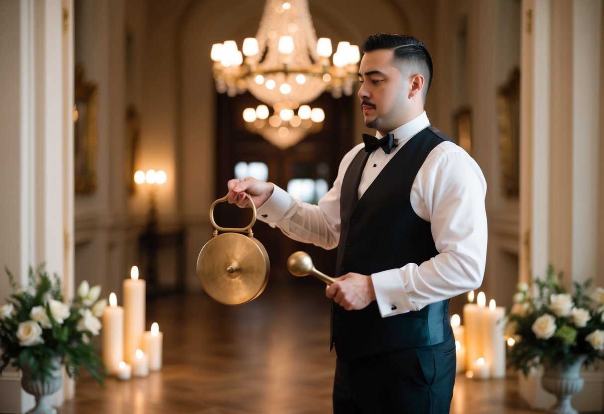 A butler sounding a gong in a grand hall filled with elegant decor and flickering candlelight