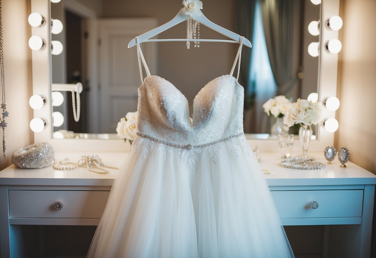 A bride's wedding dress hangs on a hanger, surrounded by sparkling jewelry and delicate hair accessories on a dressing table