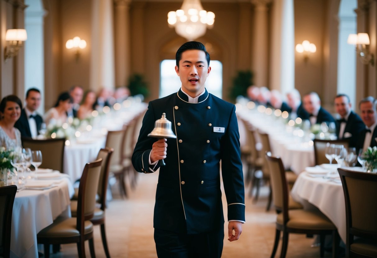 A waiter stands at the entrance of a grand dining hall, holding a silver bell and announcing dinner with a clear, resonant voice
