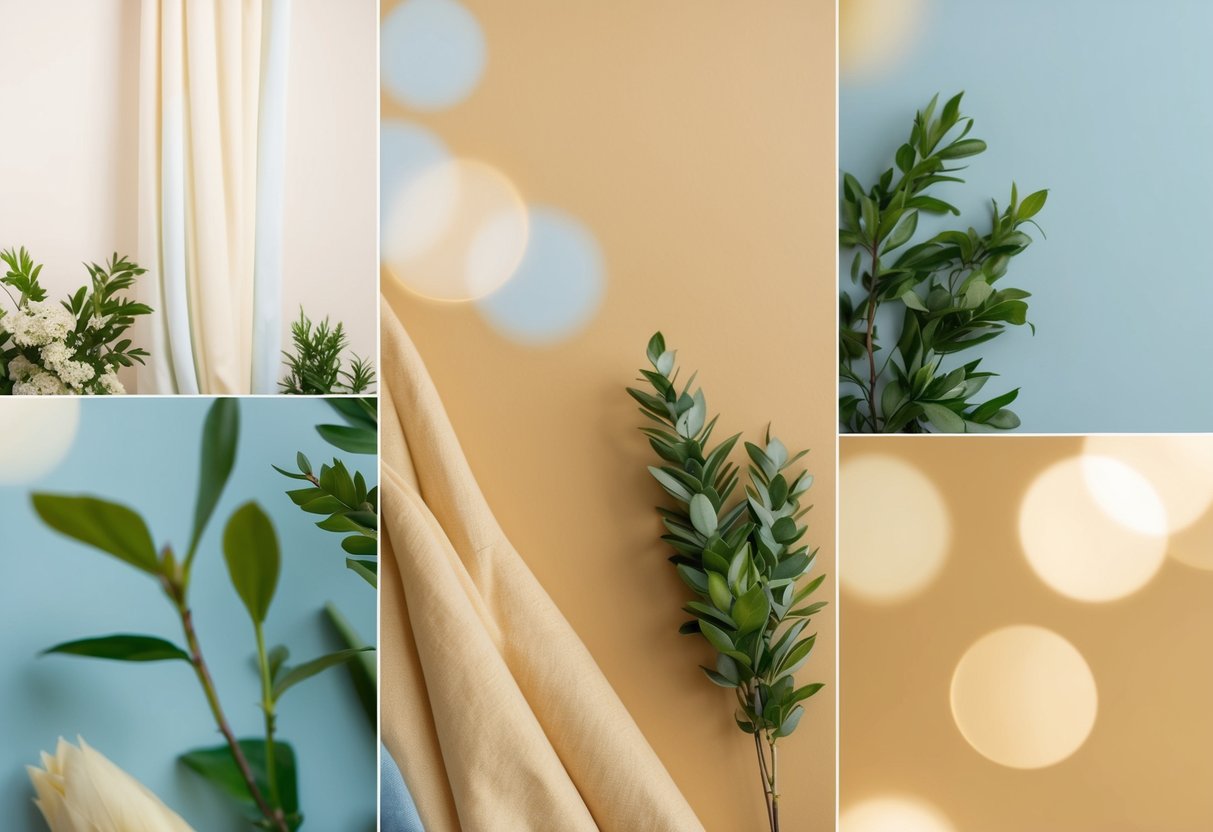 A warm, inviting color scheme with soft tones of cream, gold, and light blue, accented with natural greenery