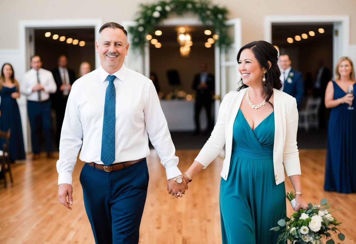 Parents walking into a reception hall, smiling and holding hands, while upbeat music plays in the background