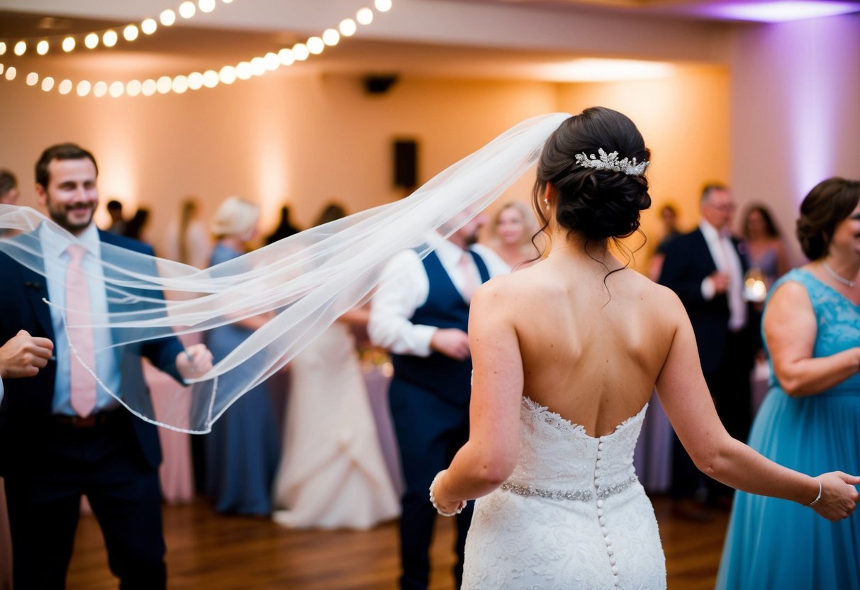 A bride stands at the reception, her veil gently flowing in the breeze as she dances and celebrates with guests