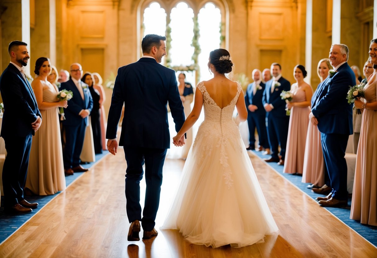 A couple walks hand in hand into a grand reception hall, bathed in warm light, as their chosen entrance song fills the air with joy and nostalgia