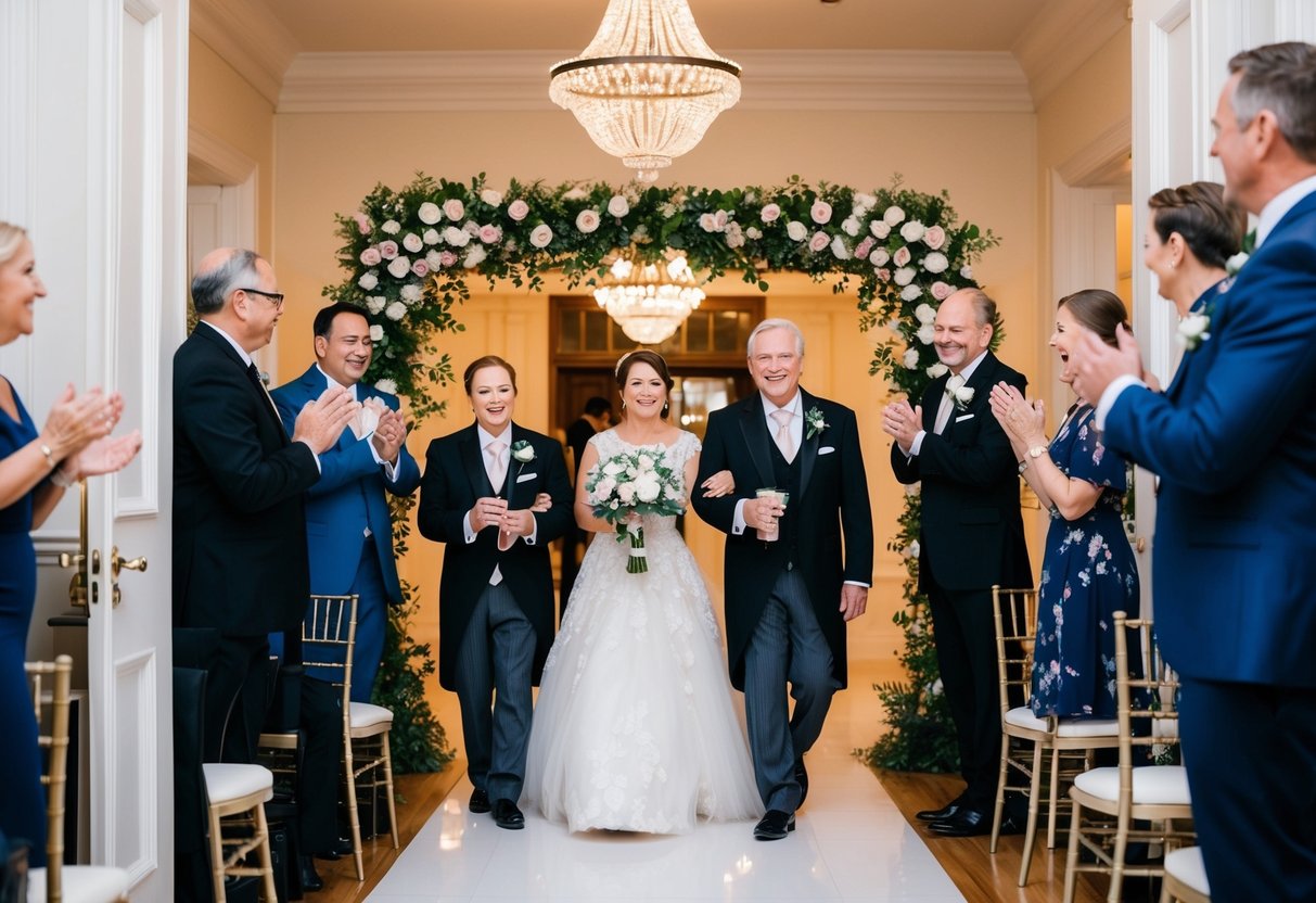The parents' reception entrance: elegant, with soft lighting and floral decor. A live band plays a classic, heartwarming song as they walk in, greeted by applause and smiles