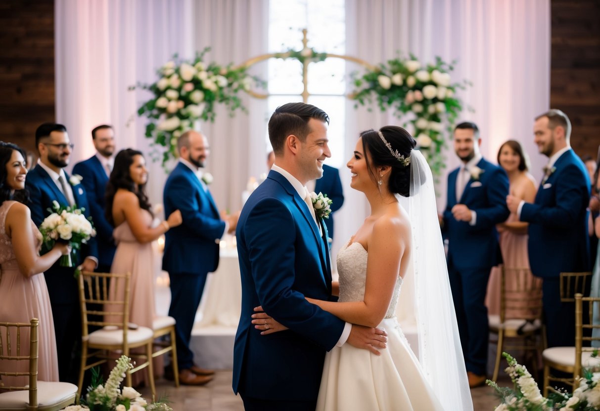 A wedding: a ceremony with a couple standing at an altar.
A reception: a party with tables, food, and dancing