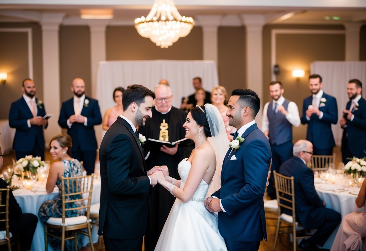 A wedding ceremony with a bride and groom exchanging vows in front of an officiant, followed by a reception with guests dining and dancing