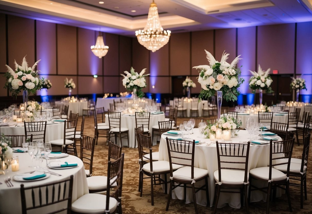 A festive wedding reception with tables, chairs, and decorations set up in a spacious venue, with soft lighting and a lively atmosphere