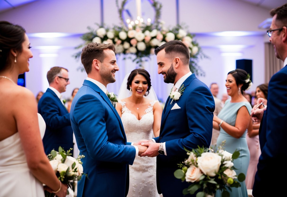 A wedding ceremony with a bride and groom exchanging vows at the altar, followed by a reception with guests dancing and celebrating