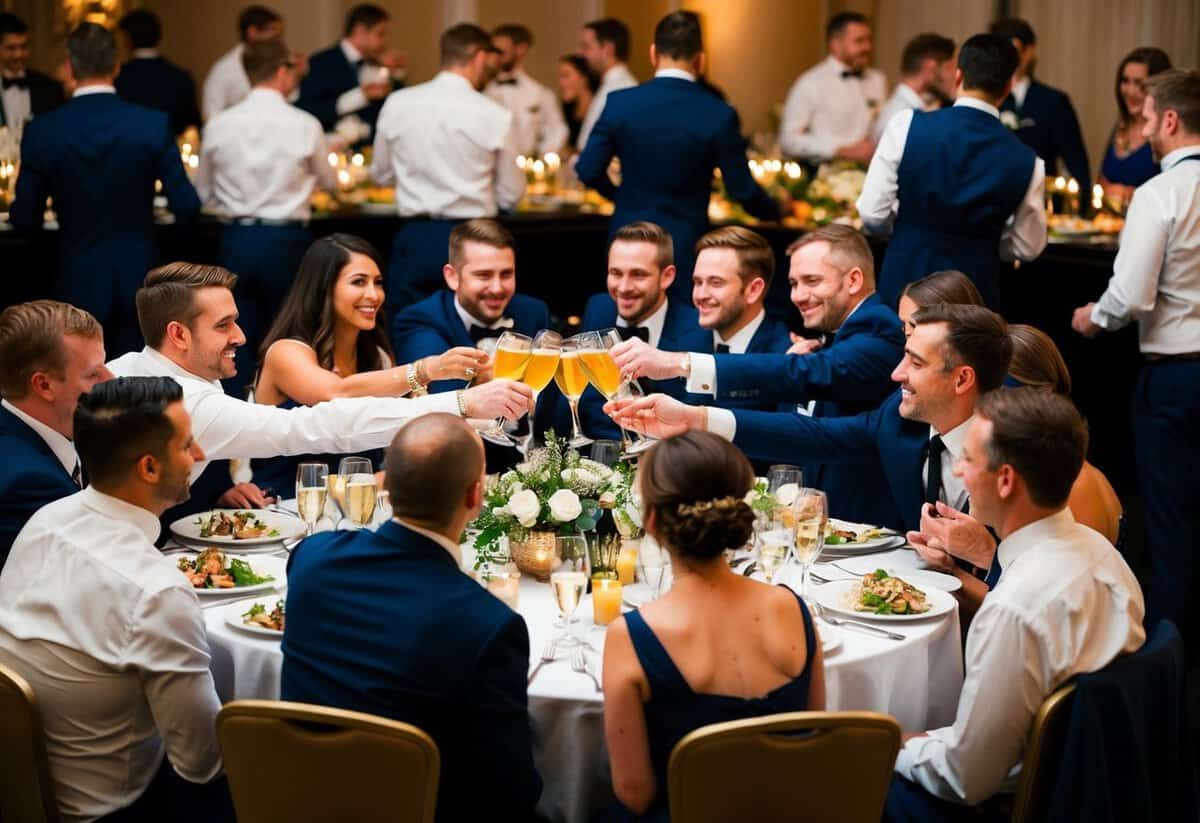Guests gather around a banquet table, toasting and sharing food. Waitstaff bustle about, serving and clearing dishes. The atmosphere is lively and celebratory