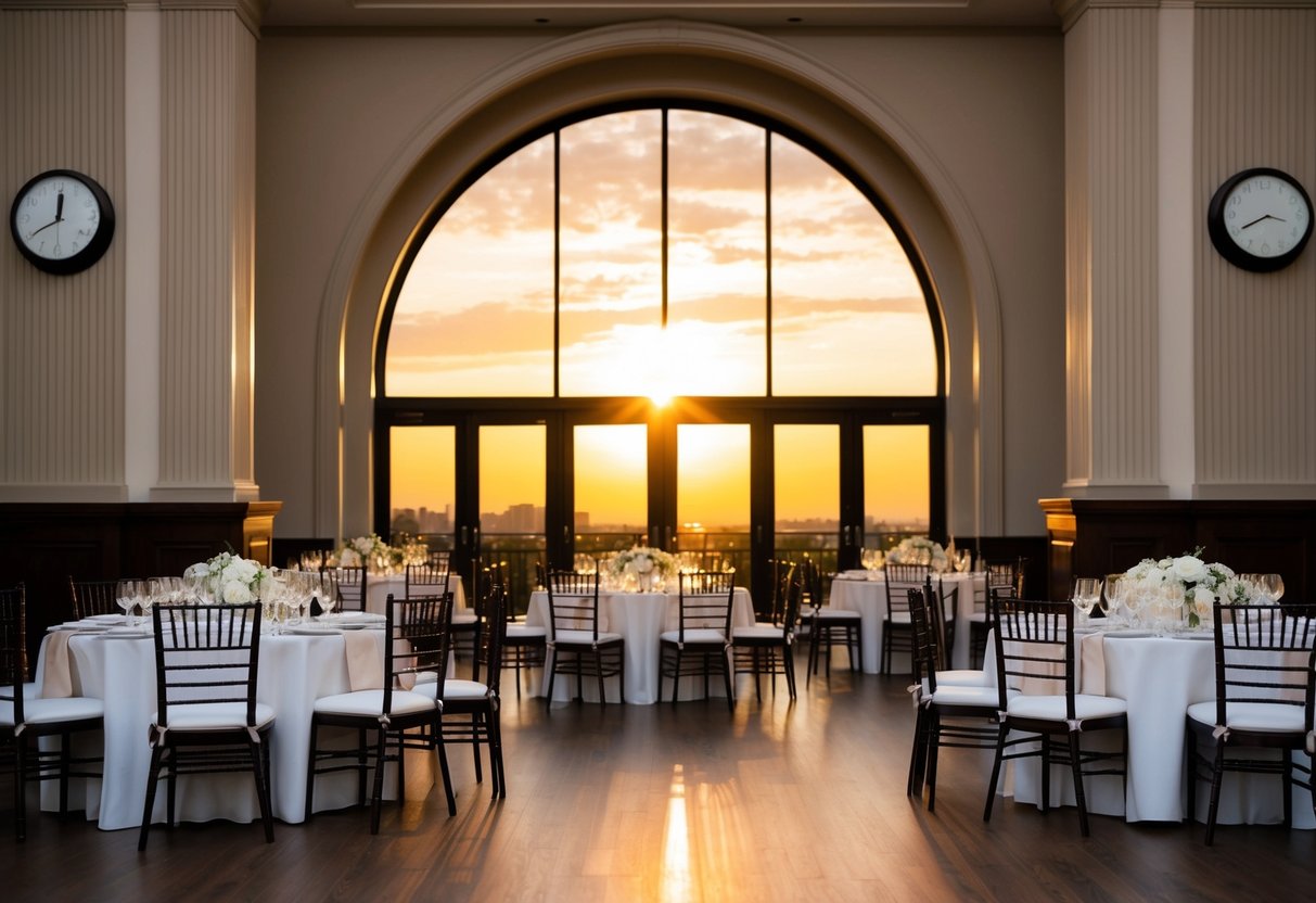 The sun sets behind a grand banquet hall, with tables set for a wedding reception. A clock on the wall shows the time at 6:00 PM