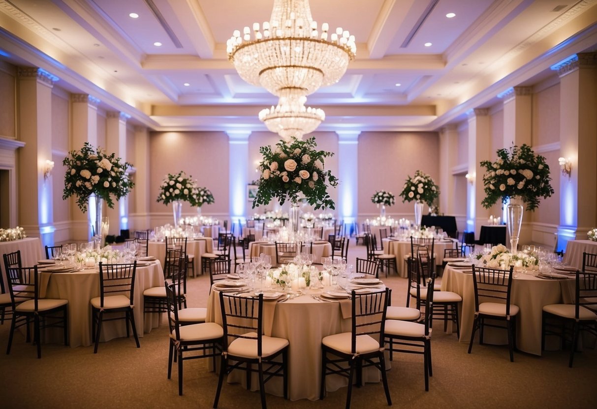 A grand ballroom with elegant decor and tables set for a wedding reception, surrounded by twinkling lights and floral arrangements