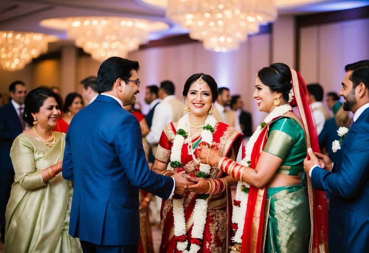 A festive wedding reception with two families mingling and celebrating together, showcasing traditional customs and cultural elements