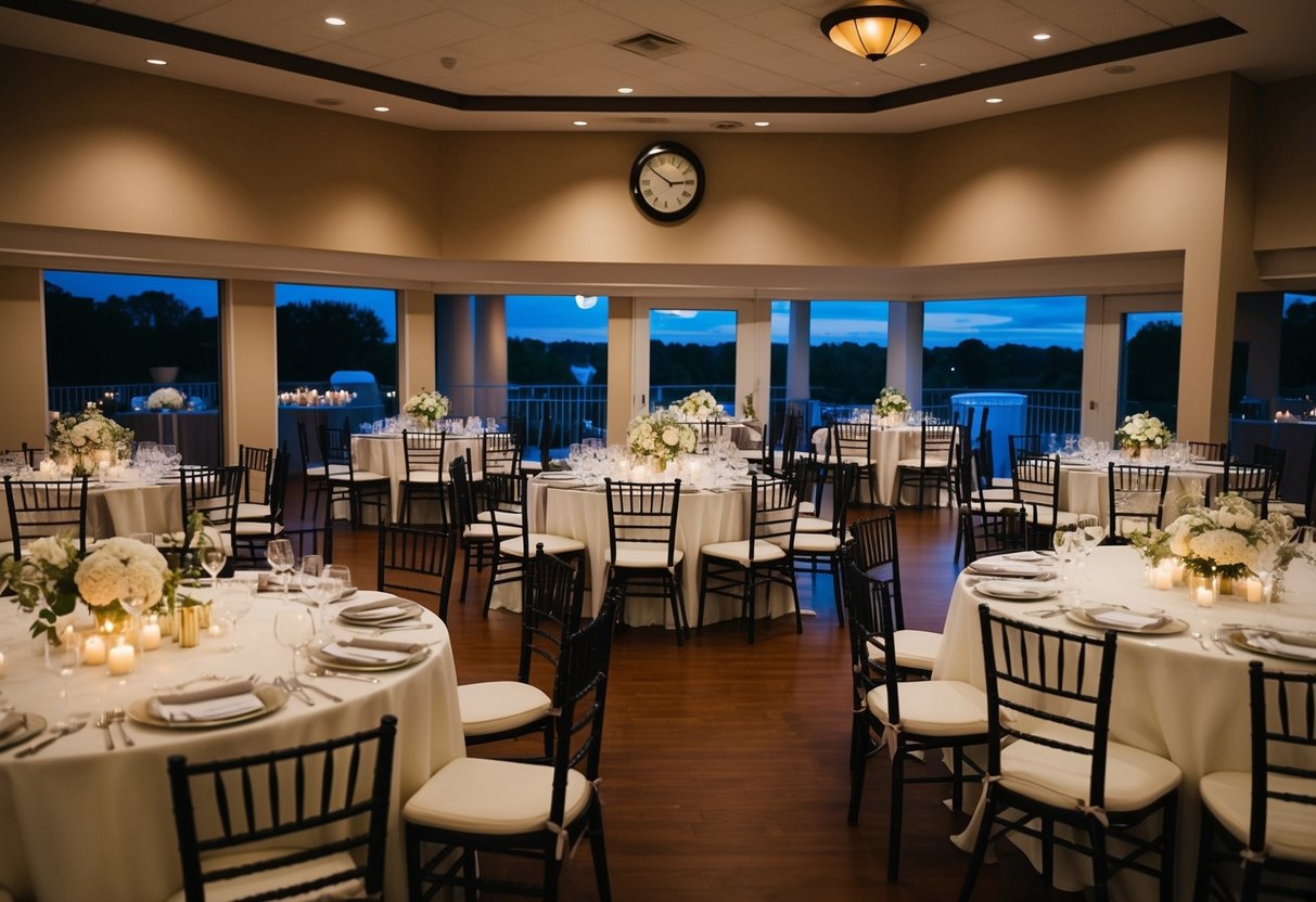 A wedding reception venue with tables, chairs, and decorations set up for an evening event. A clock on the wall shows the time