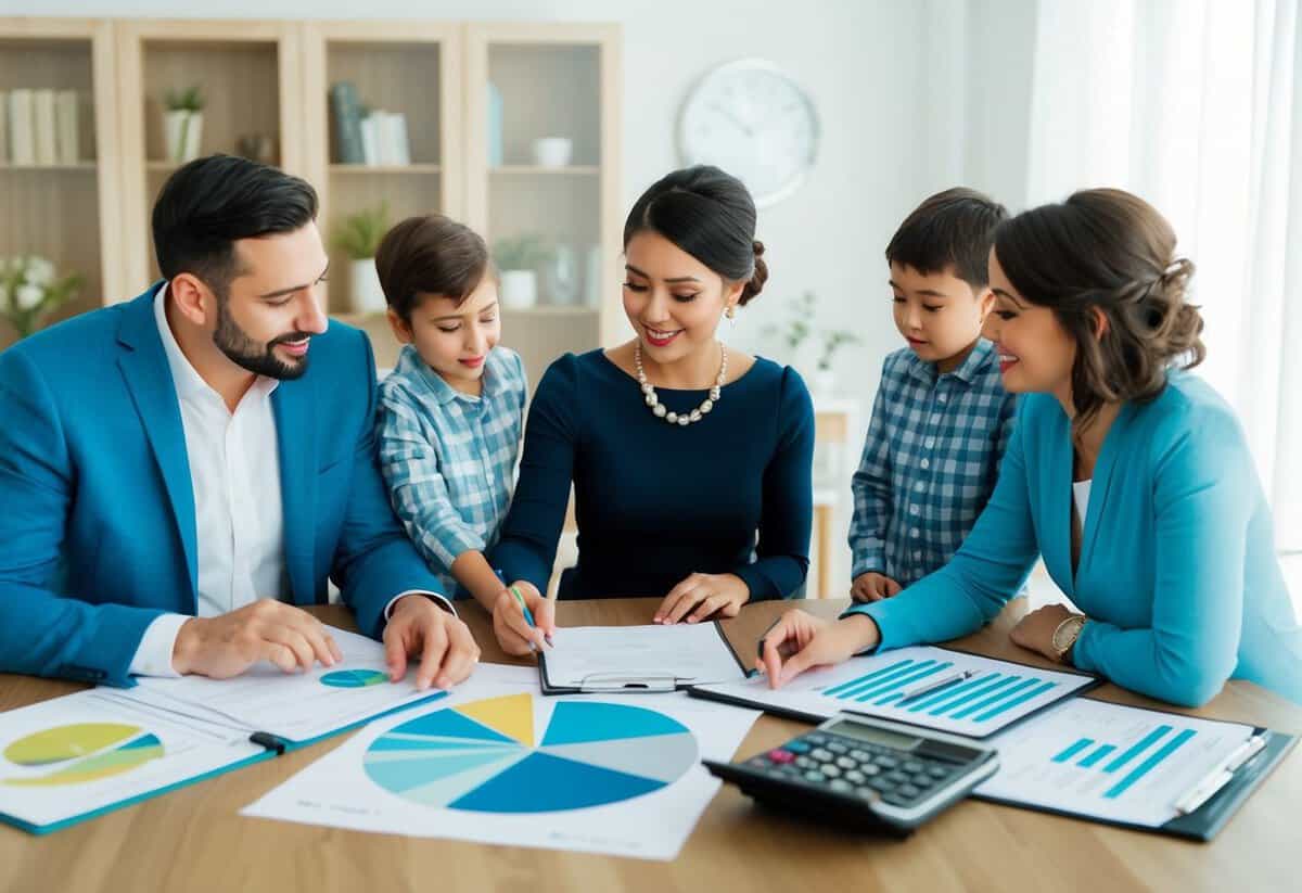 A couple and their families discussing finances at a table with wedding planning documents and a calculator