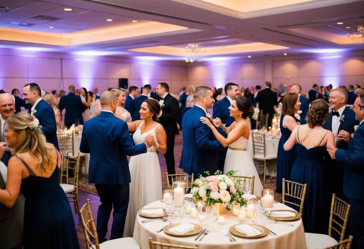 Guests fill the reception hall, mingling and dancing. Tables are adorned with flowers and candles, while a band plays in the background