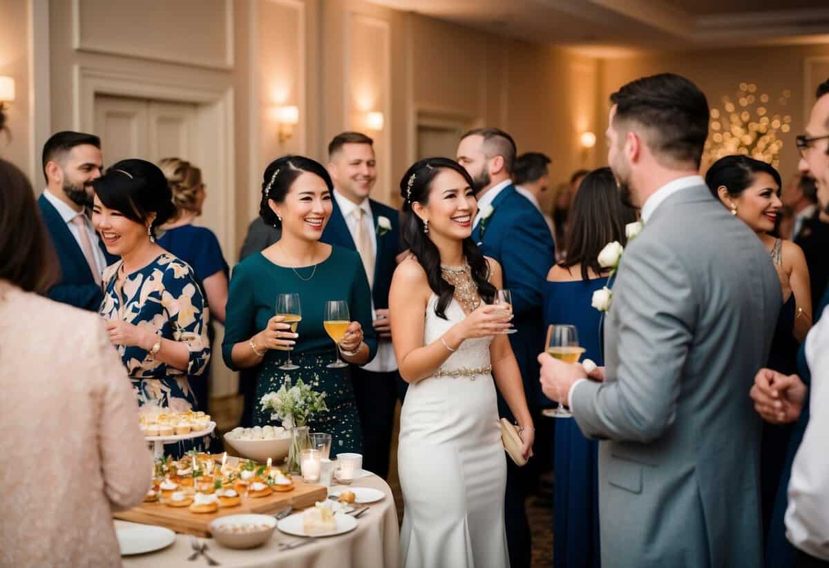 Guests mingle at a wedding reception, enjoying drinks and appetizers while chatting and laughing. The room is adorned with elegant decorations and soft lighting, creating a warm and inviting atmosphere
