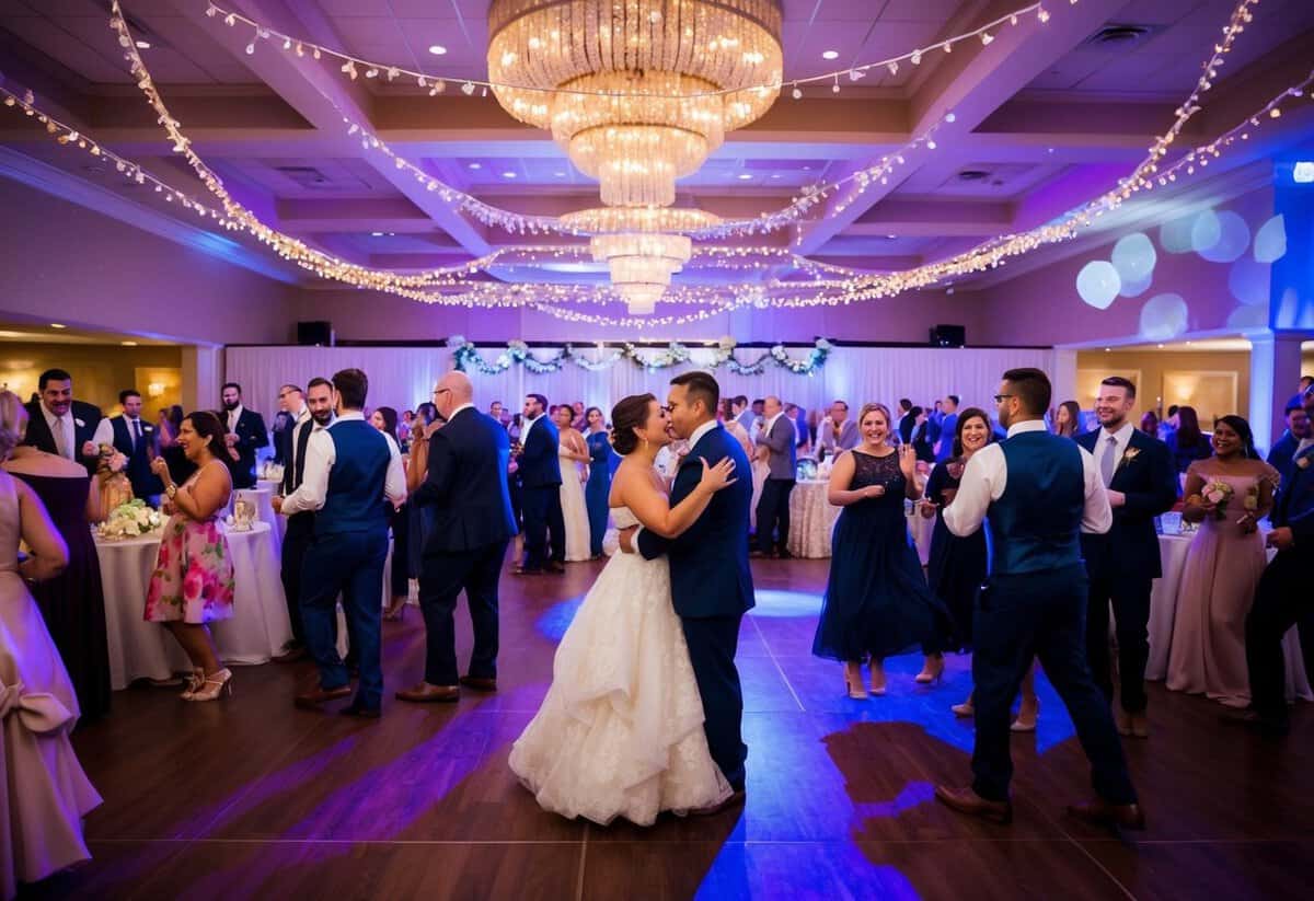 A lively wedding reception with colorful decorations, twinkling lights, and a bustling dance floor