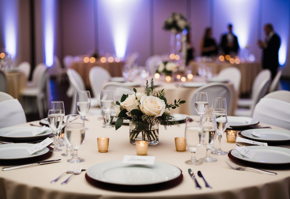 A table with empty place settings at a wedding reception