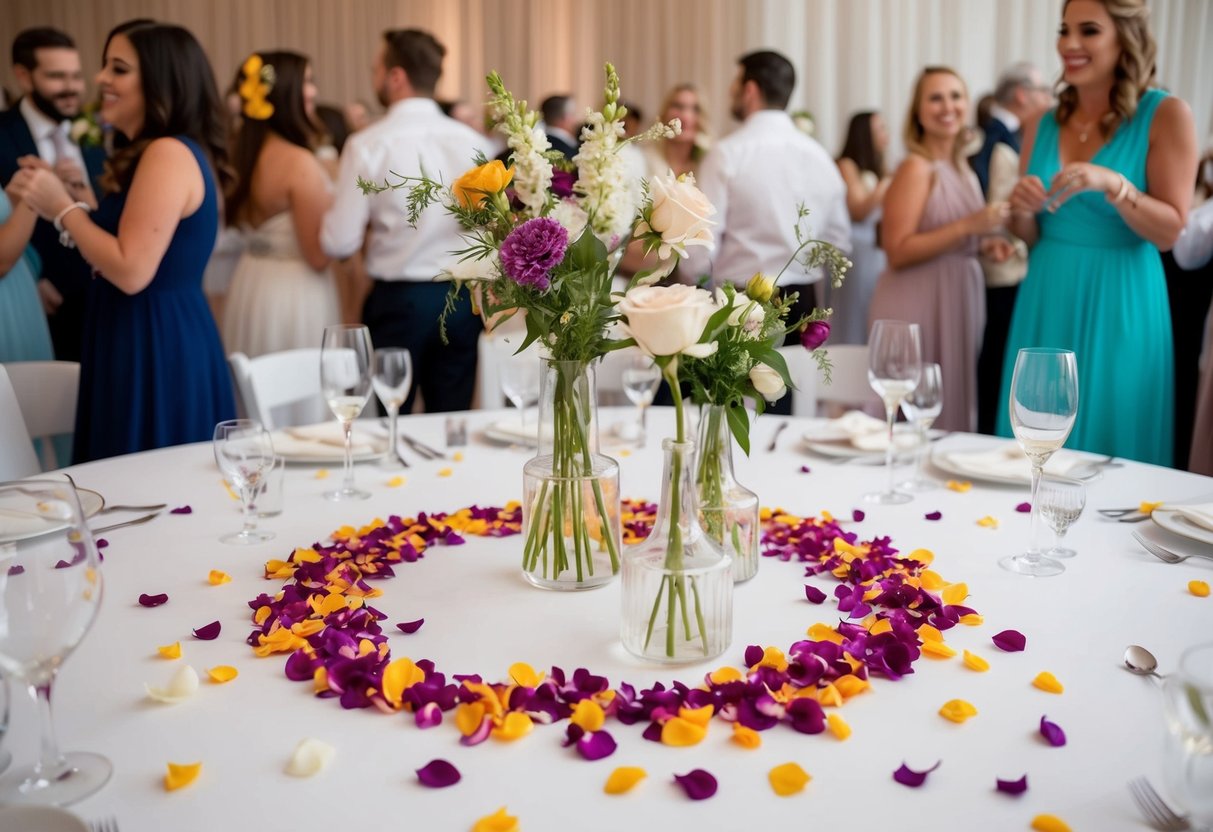 Colorful petals scattered on a white table, with delicate vases and floral arrangements, surrounded by the happy chatter of guests at a reception