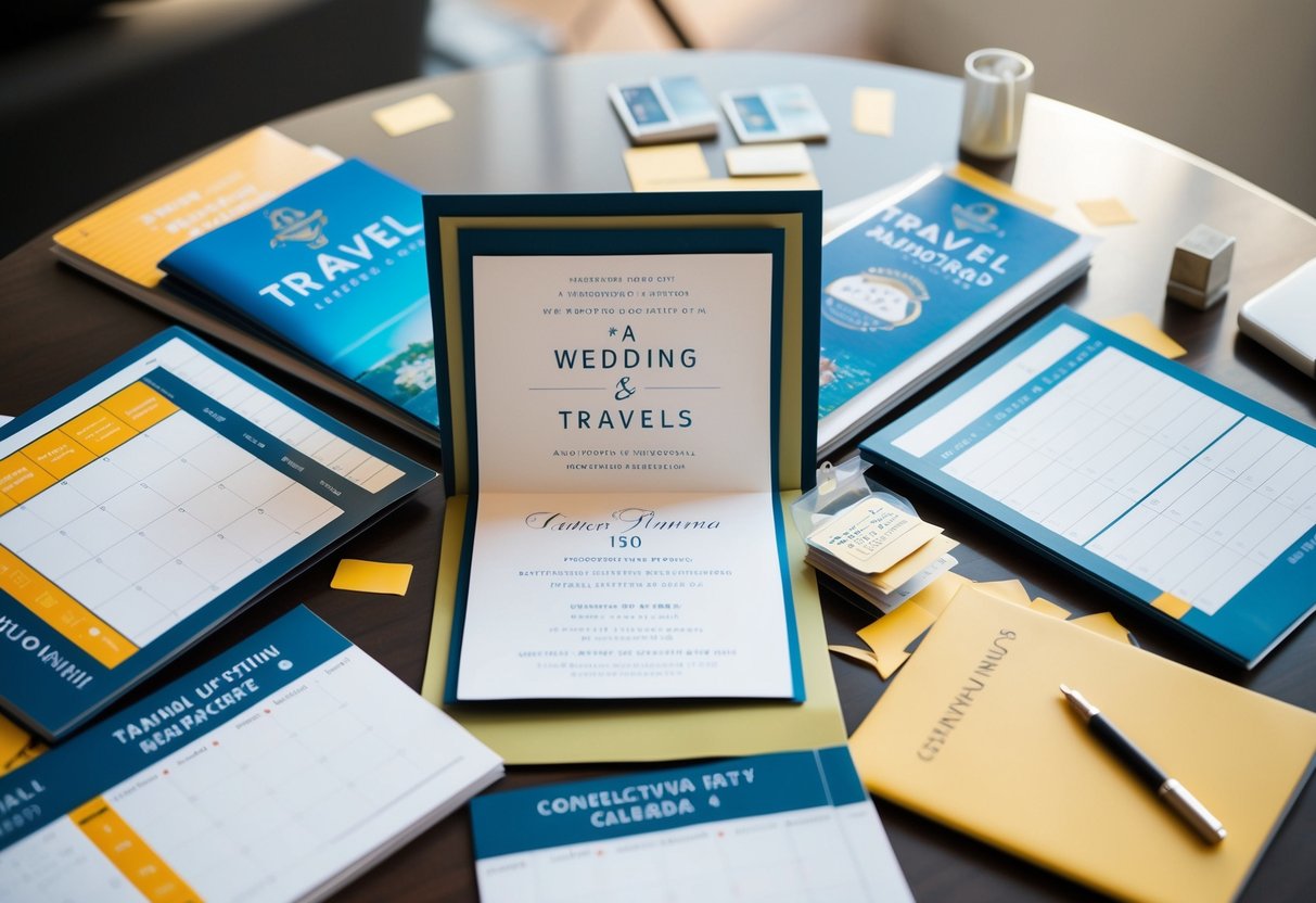 A wedding invitation surrounded by travel brochures and conflicting event calendars on a cluttered table