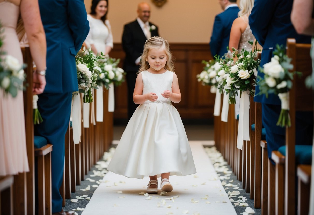 A flower girl walks down the aisle, scattering petals as she leads the bride to the altar