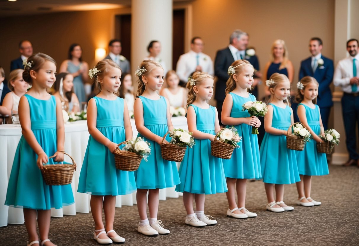 A group of flower girls stand in a line, holding baskets of flowers, as they wait to be introduced at the reception