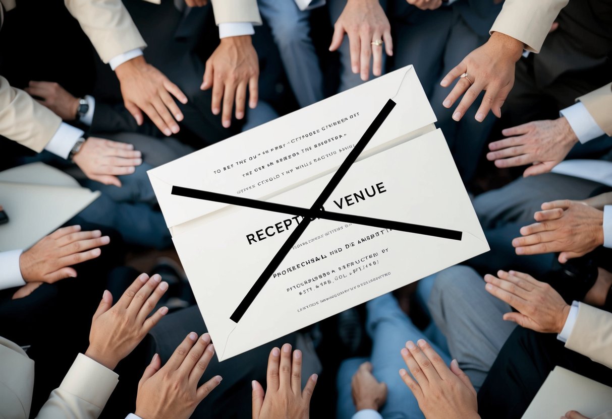 A wedding invitation with a crossed-out reception venue, surrounded by confused and disappointed guests