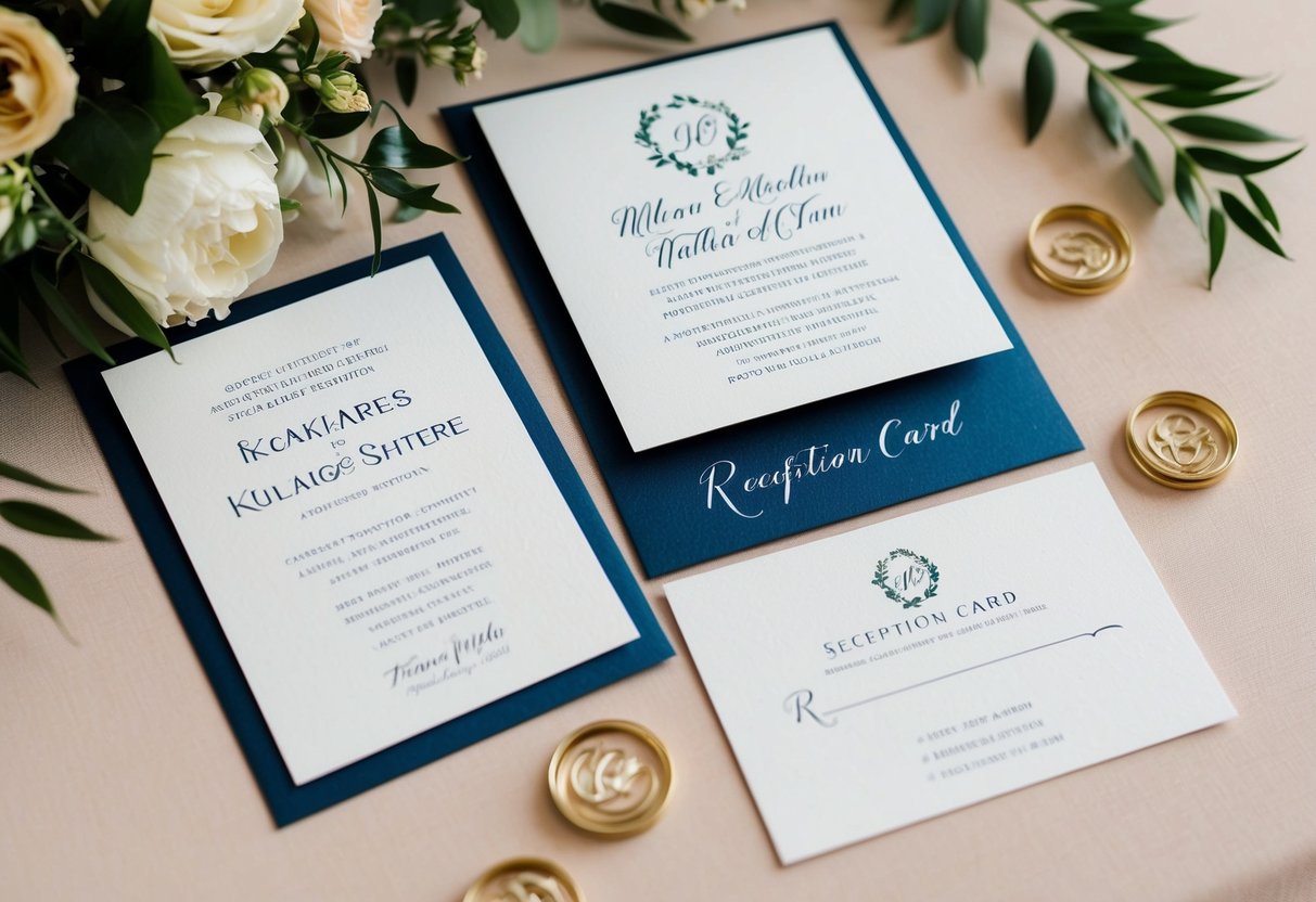 A wedding invitation with a separate reception card, both elegantly designed and placed on a table with floral decorations