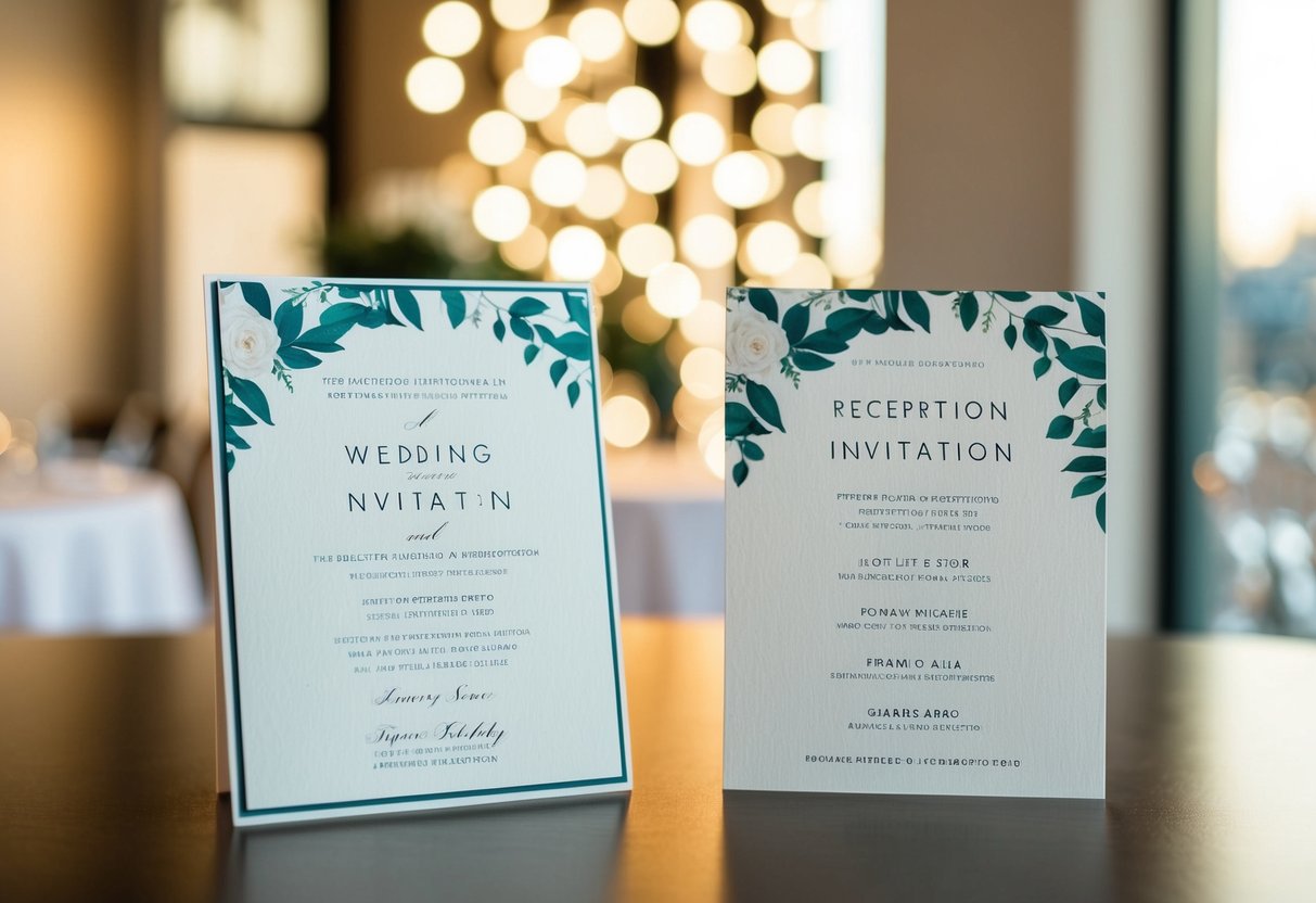 A wedding invitation and a separate reception invitation, both with different guest lists, displayed on a table