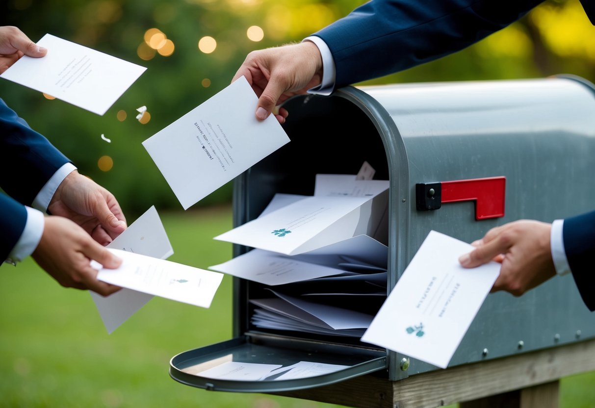 Guests tossing unopened wedding invitations into a overflowing mailbox