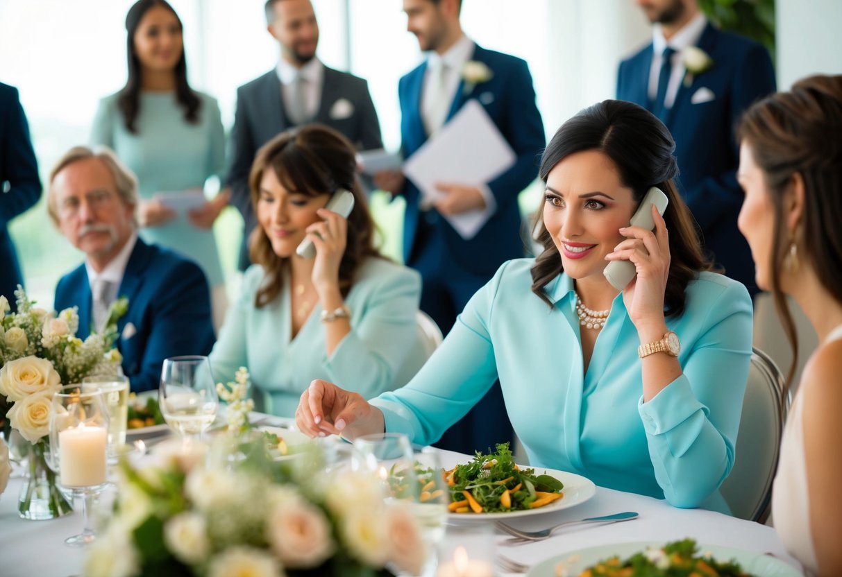 A wedding planner on the phone with vendors, adjusting seating and catering arrangements for an uncertain guest count