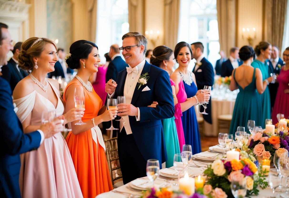 Colorful, elegant attire fills a grand ballroom. Tables adorned with flowers and candles. Guests mingle, clinking glasses and laughing