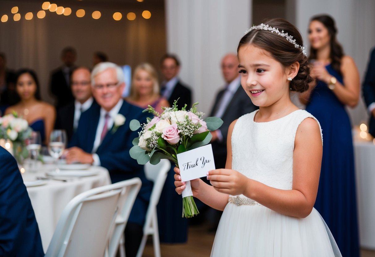 A flower girl receives a bouquet and a thank-you card at the reception
