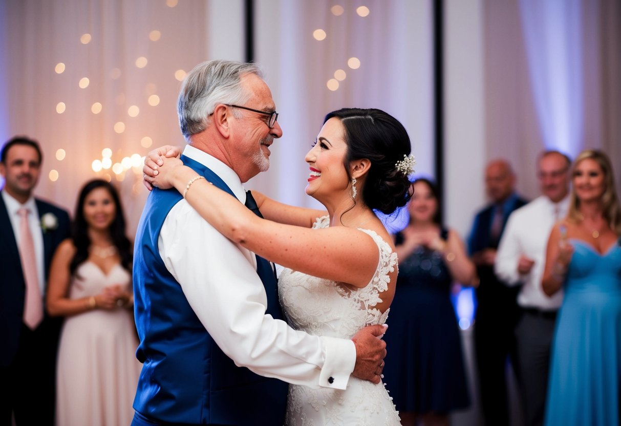 The father and bride dance together at the wedding reception