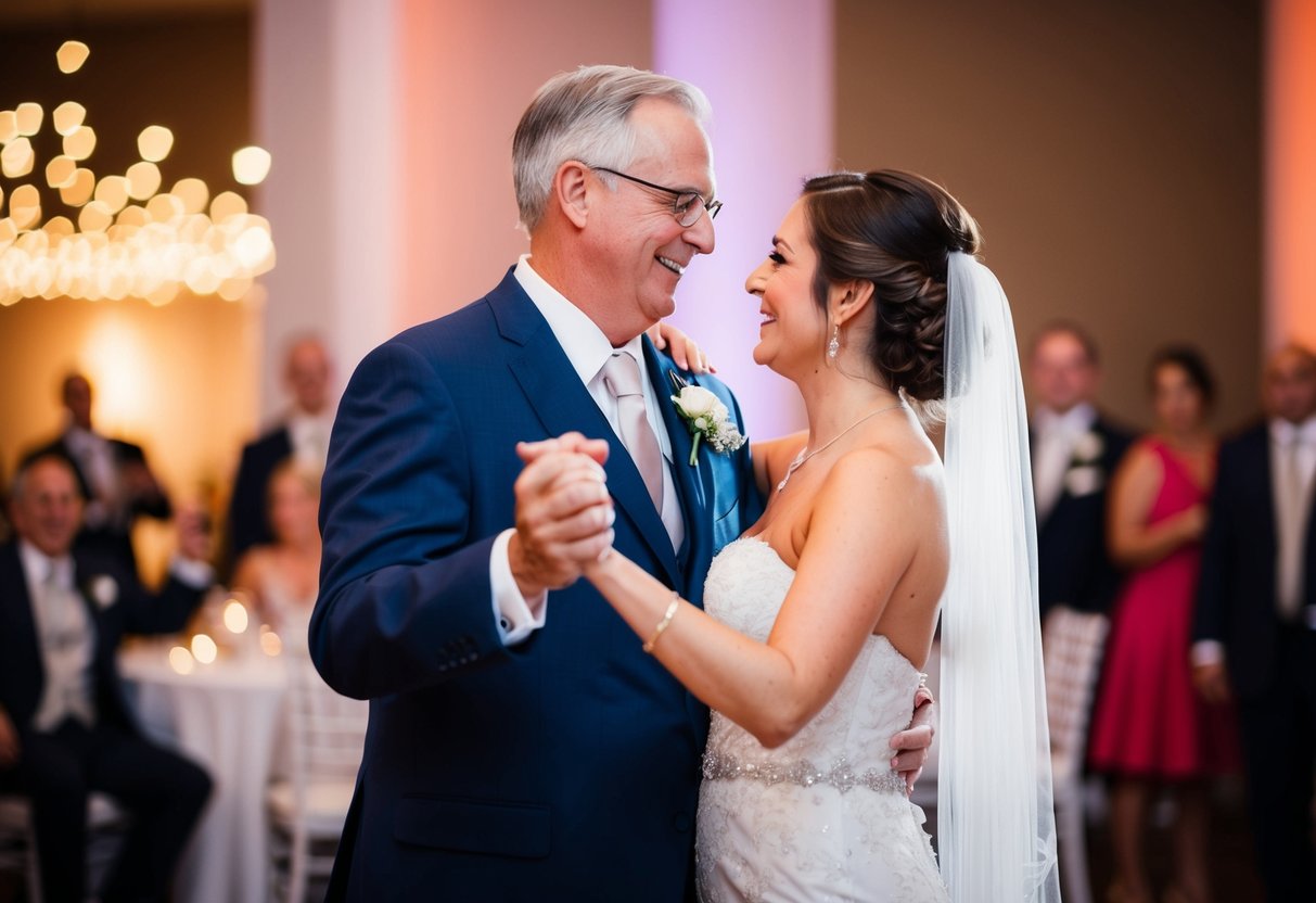 A father and bride dance together, sharing a tender moment