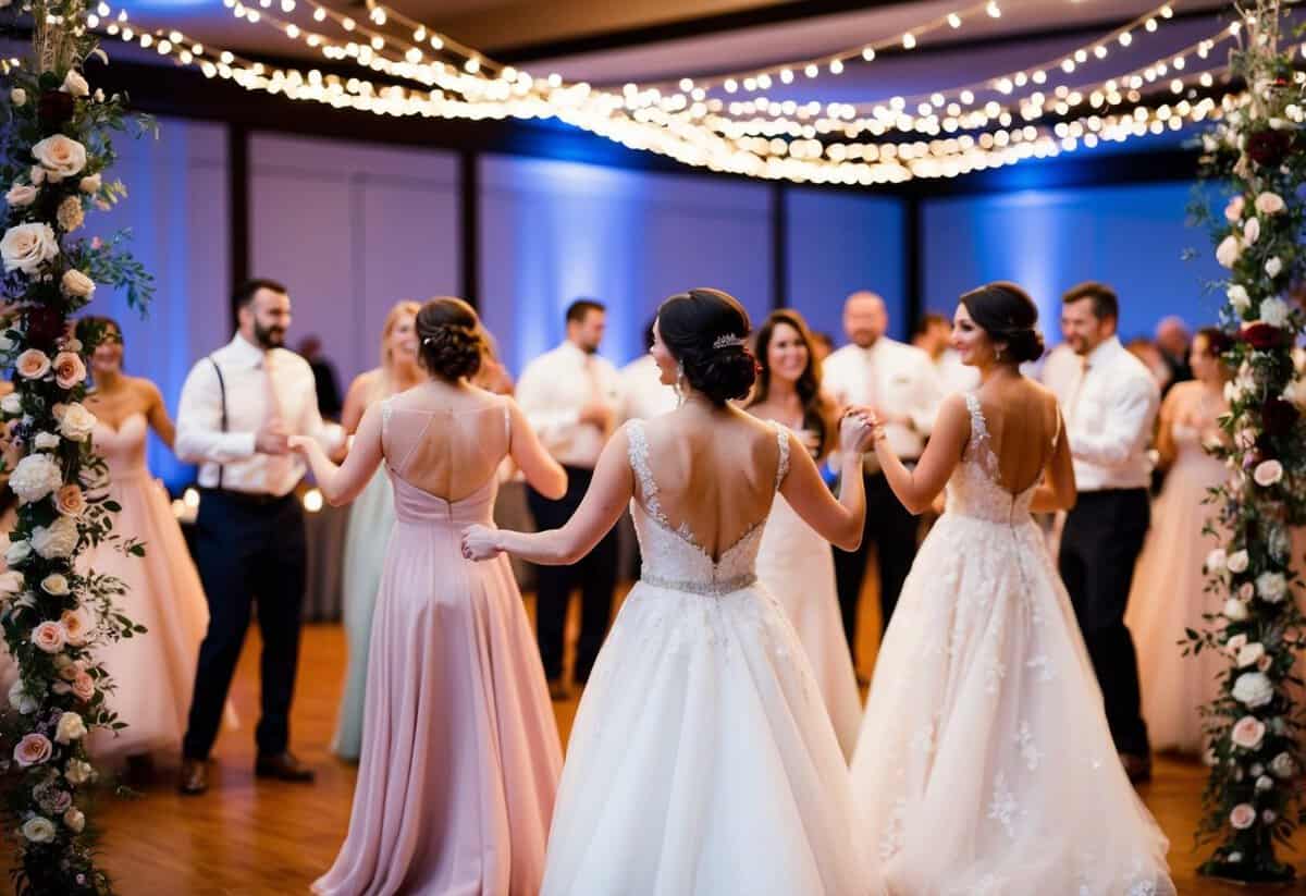 Brides in elegant gowns dance at a reception, surrounded by twinkling lights and floral arrangements