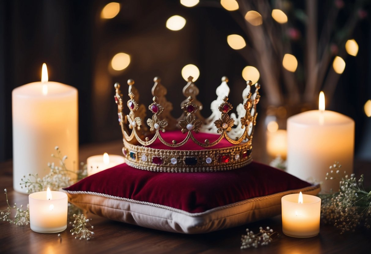 A regal crown placed on a velvet cushion, surrounded by soft candlelight and delicate floral arrangements