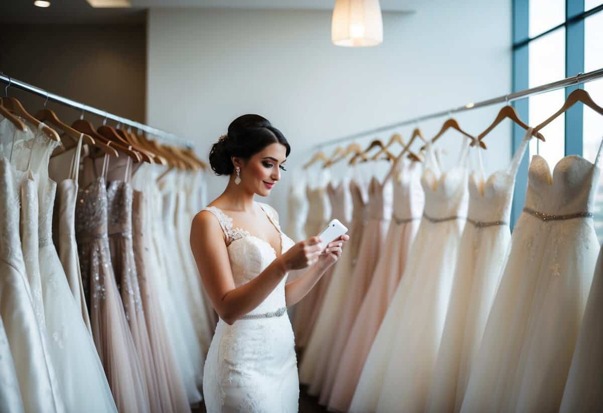 A bride standing in front of a row of elegant wedding dresses, carefully examining each one with a thoughtful expression