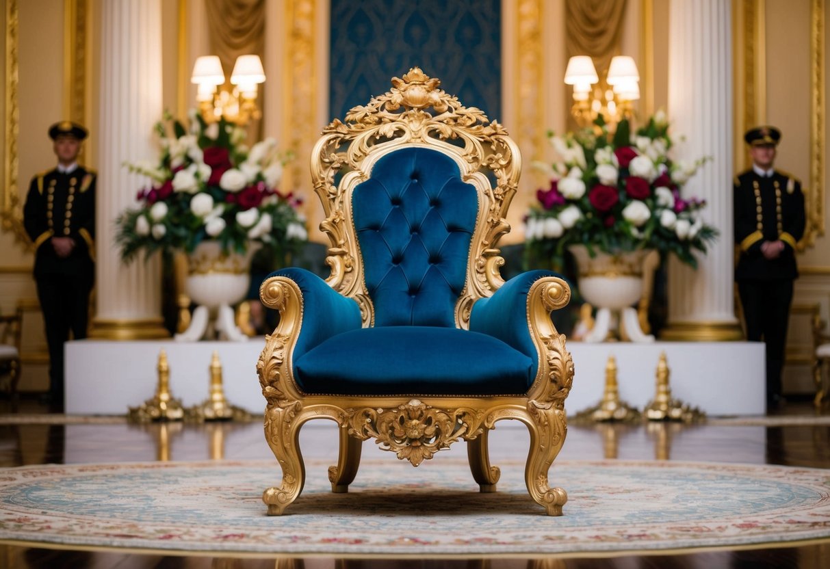 A grand, ornate chair sits at the center of the room, adorned with lavish decorations and positioned to command attention