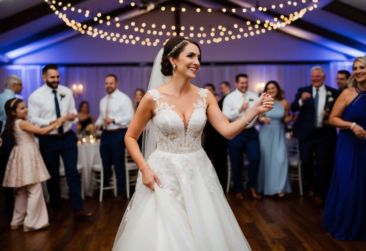 A bride in her wedding dress dances at her reception, surrounded by guests and twinkling lights