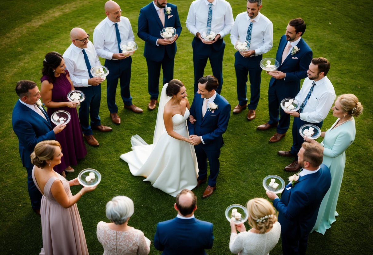 A bride and groom stand at the center of a circle, surrounded by various guests holding symbolic items representing their roles in the wedding