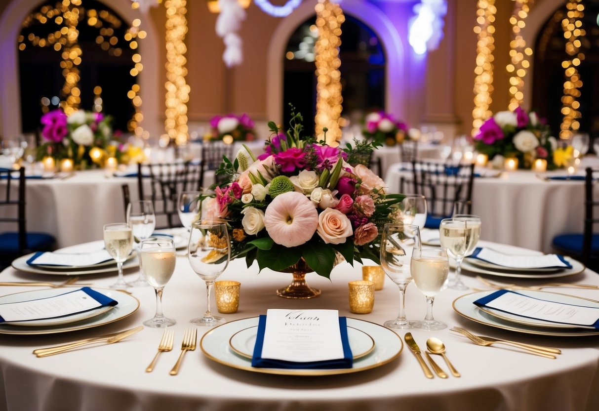 A beautifully set table with elegant place settings and floral centerpieces, surrounded by twinkling lights and vibrant decorations